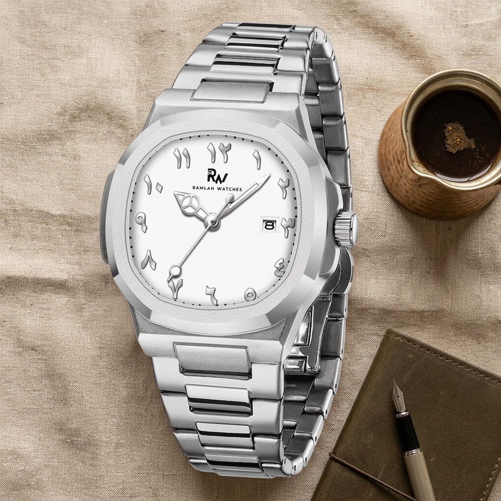 Al Awaal white dial beside a cup of Arabic coffee