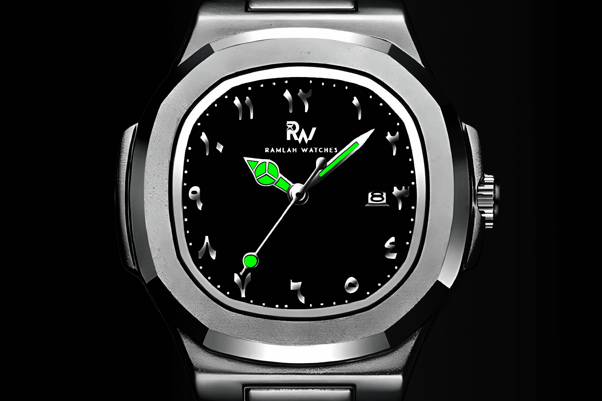 High-definition image of a Ramlah Watch with luminous hands feature.