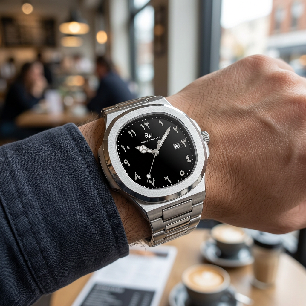 Al Awaal black dial Arabic numeral watch worn on a wrist