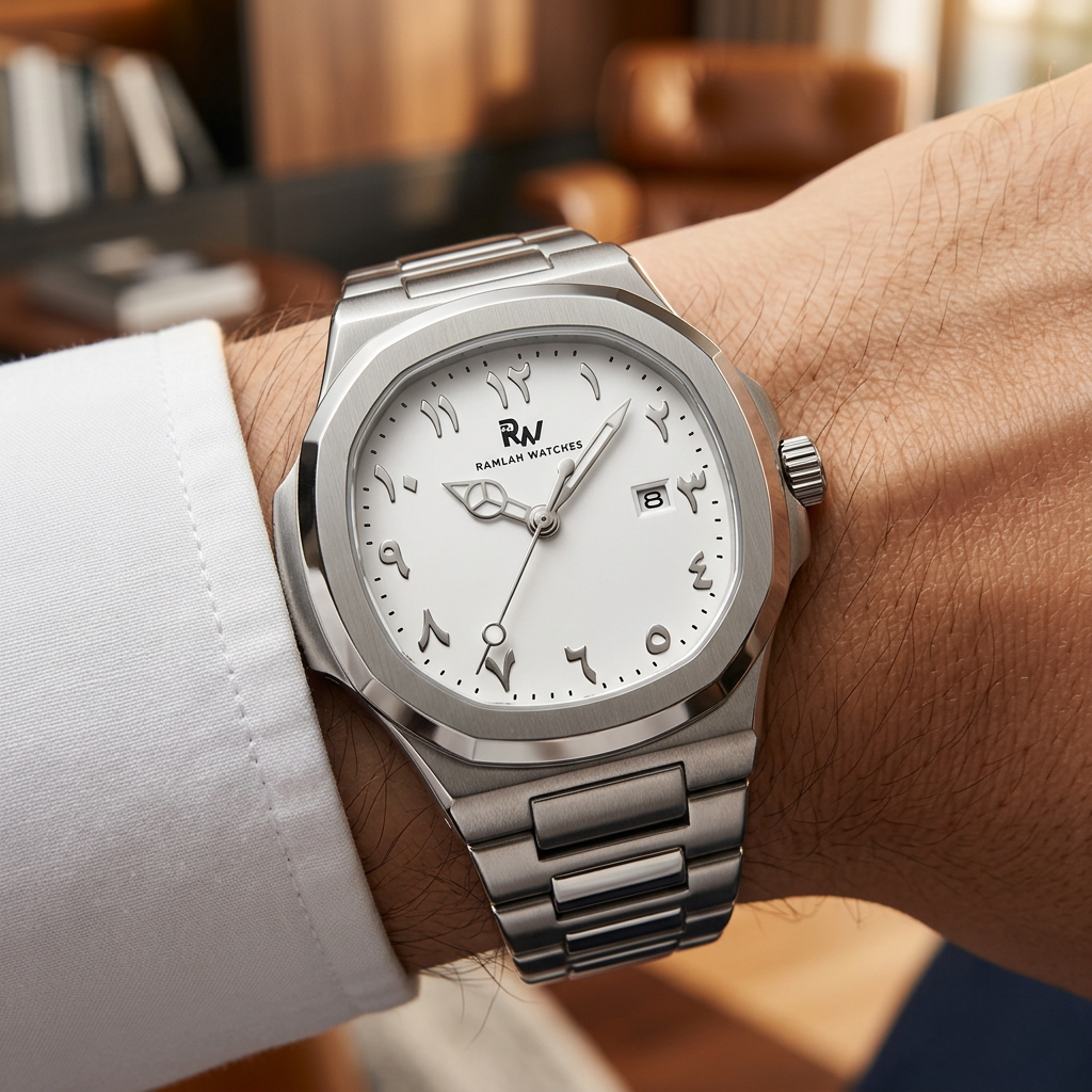 Al Awaal white dial Arabic numeral watch worn on a wrist